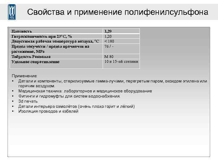 Свойства и применение полифенилсульфона Плотность Гигроскопичность при 23°C, % Допустимая рабочая температура воздуха, °C