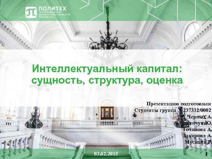 Интеллектуальный капитал: сущность, структура, оценка Презентацию подготовили Студенты группа № 237332/0002 Черных А. Сливянчук