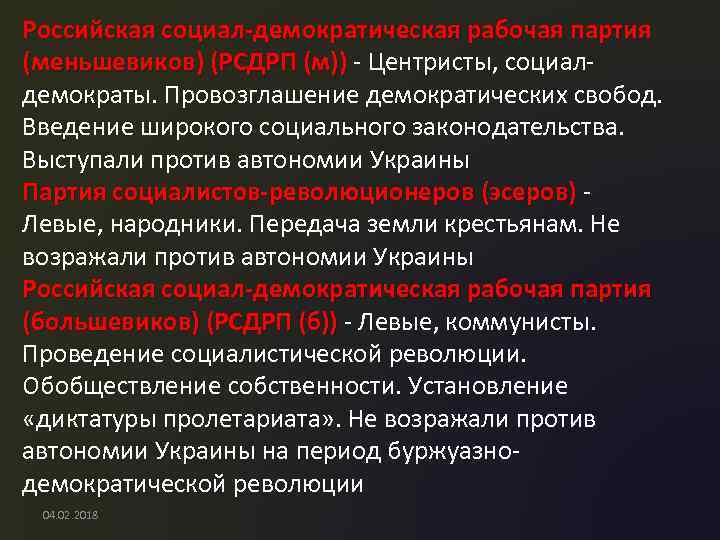 Российская социал-демократическая рабочая партия (меньшевиков) (РСДРП (м)) - Центристы, социал)) демократы. Провозглашение демократических свобод.