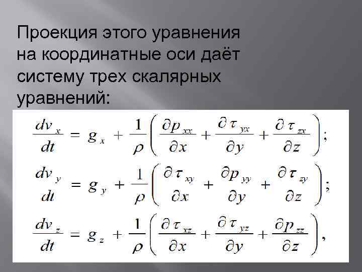 Проекция этого уравнения на координатные оси даёт систему трех скалярных уравнений: 