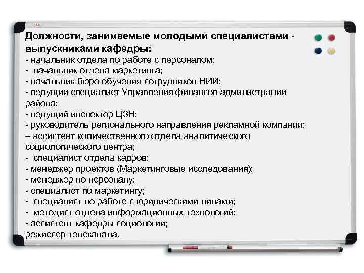 Должности, занимаемые молодыми специалистами выпускниками кафедры: - начальник отдела по работе с персоналом; -