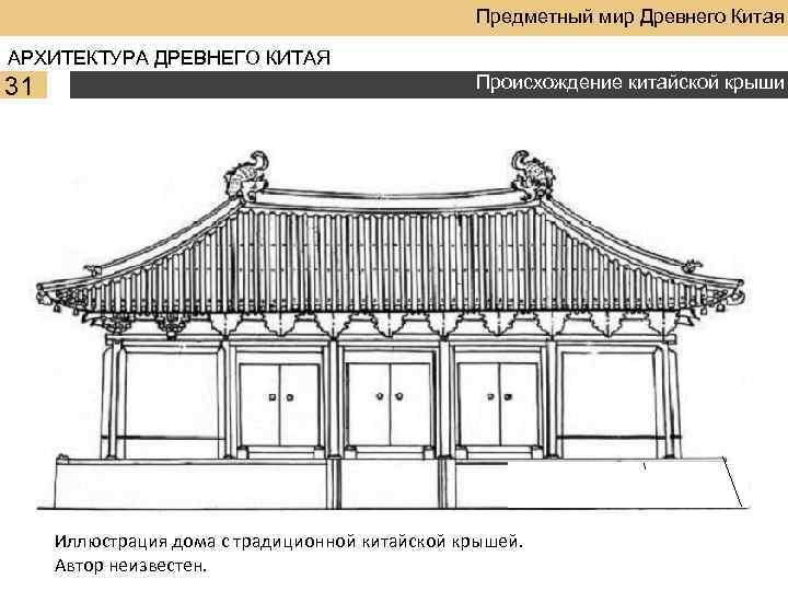 Предметный мир Древнего Китая АРХИТЕКТУРА ДРЕВНЕГО КИТАЯ 31 Происхождение китайской крыши Иллюстрация дома с