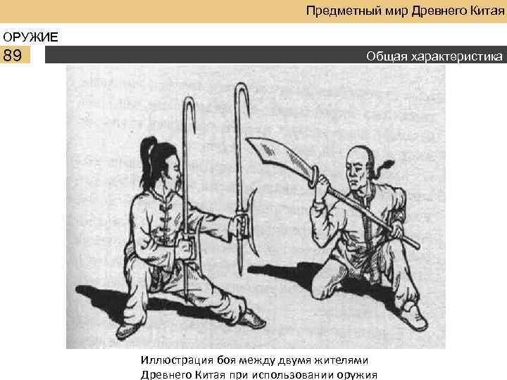 Предметный мир Древнего Китая ОРУЖИЕ 89 Общая характеристика Иллюстрация боя между двумя жителями Древнего