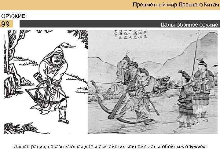 Предметный мир Древнего Китая ОРУЖИЕ 99 Дальнобойное оружие Иллюстрация, показывающая древнекитайских воинов с дальнобойным