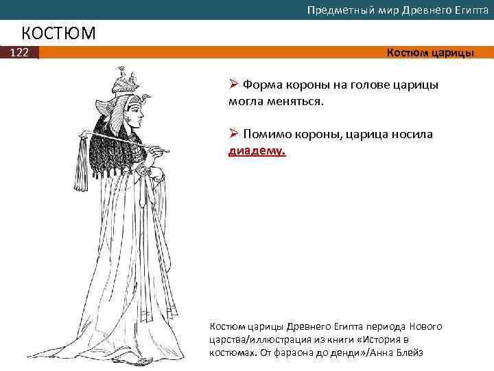 Предметный мир Древнего Египта КОСТЮМ 122 Костюм царицы Ø Форма короны на голове царицы