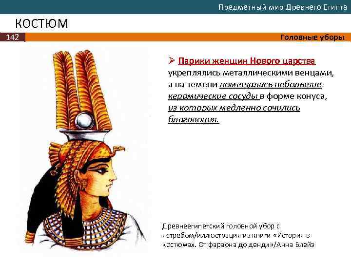 Предметный мир Древнего Египта КОСТЮМ 142 Головные уборы Ø Парики женщин Нового царства укреплялись