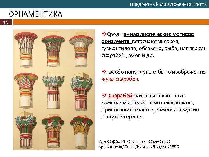 Предметный мир Древнего Египта ОРНАМЕНТИКА 15 v. Среди анималистических мотивов орнамента встречаются сокол, гусь,