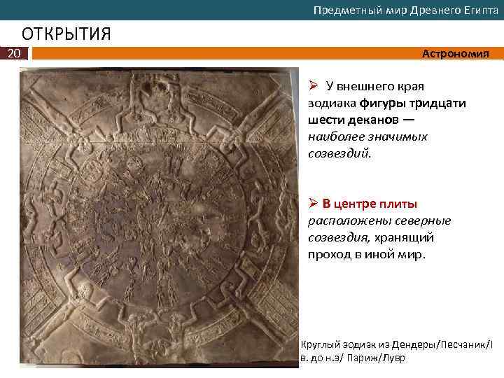 Предметный мир Древнего Египта ОТКРЫТИЯ 20 Астрономия Ø У внешнего края зодиака фигуры тридцати