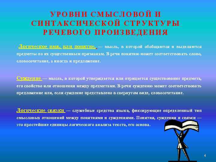 УРОВНИ СМЫСЛОВОЙ И СИНТАКСИЧЕСКОЙ СТРУКТУРЫ РЕЧЕВОГО ПРОИЗВЕДЕНИЯ Логическое имя, или понятие, — мысль, в