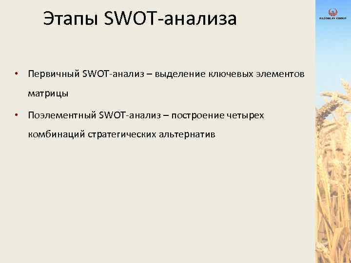 Этапы SWOT-анализа • Первичный SWOT-анализ – выделение ключевых элементов матрицы • Поэлементный SWOT-анализ –