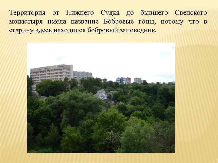 Территория от Нижнего Судка до бывшего Свенского монастыря имела название Бобровые гоны, потому что