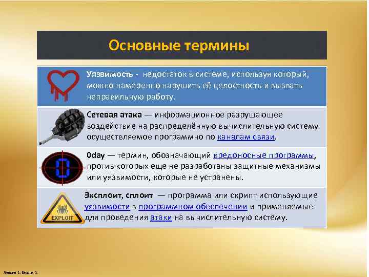 Основные термины Уязвимость - недостаток в системе, используя который, можно намеренно нарушить её целостность