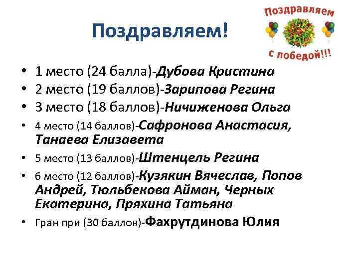 Поздравляем! • 1 место (24 балла)-Дубова Кристина • 2 место (19 баллов)-Зарипова Регина •