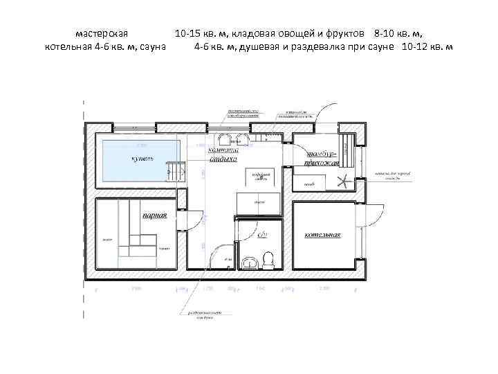 мастерская 10 -15 кв. м, кладовая овощей и фруктов 8 -10 кв. м, котельная