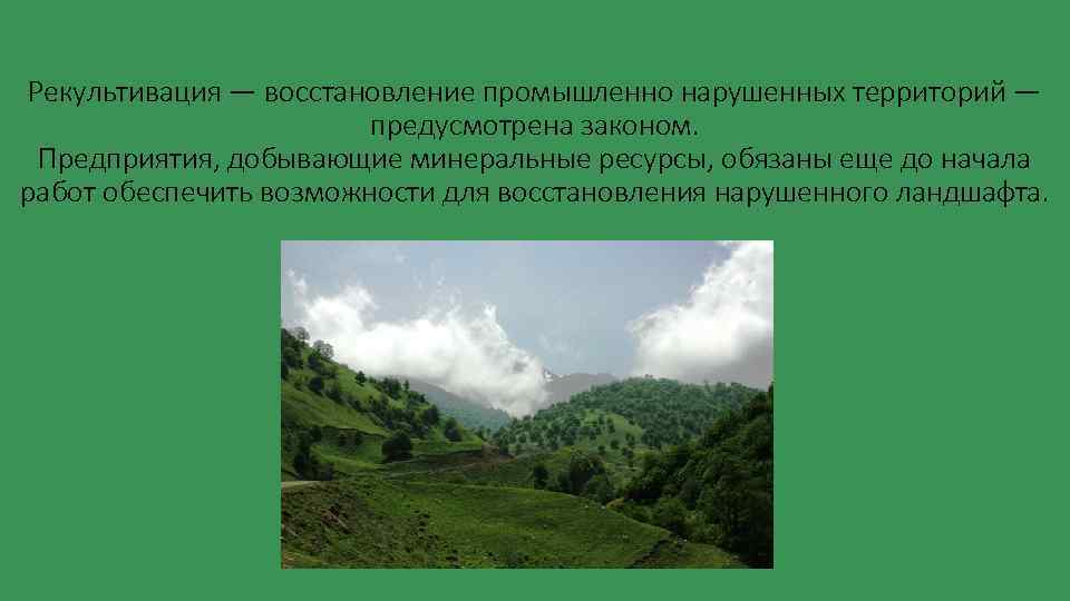 Рекультивация — восстановление промышленно нарушенных территорий — предусмотрена законом. Предприятия, добывающие минеральные ресурсы, обязаны