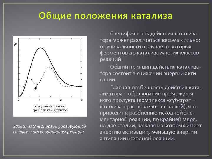 Общие положения катализа Зависимость энергии реагирующей системы от координаты реакции Специфичность действия катализатора может