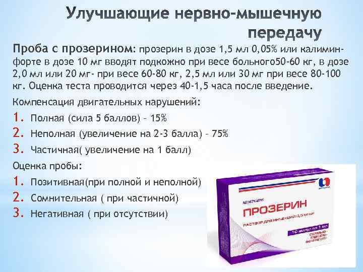 Проба с прозерином: прозерин в дозе 1, 5 мл 0, 05% или калиминфорте в