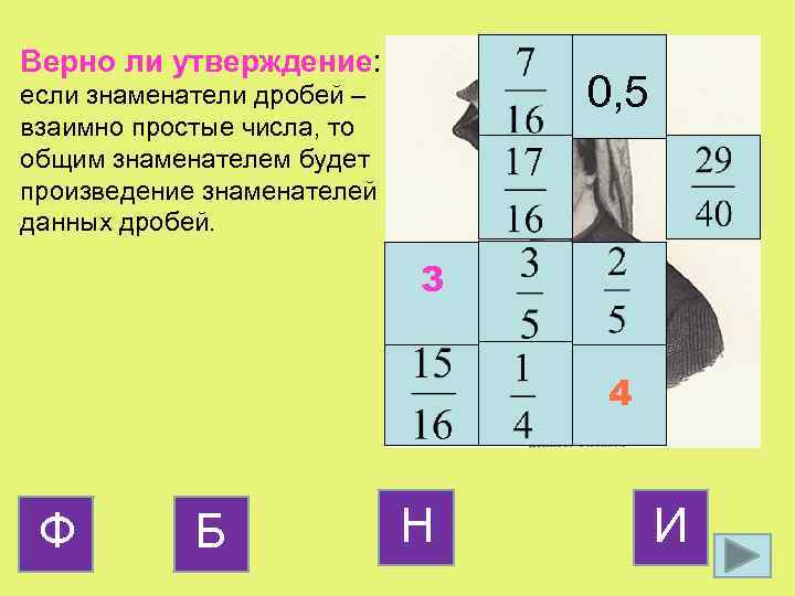 Верно ли утверждение: 0, 5 если знаменатели дробей – взаимно простые числа, то общим