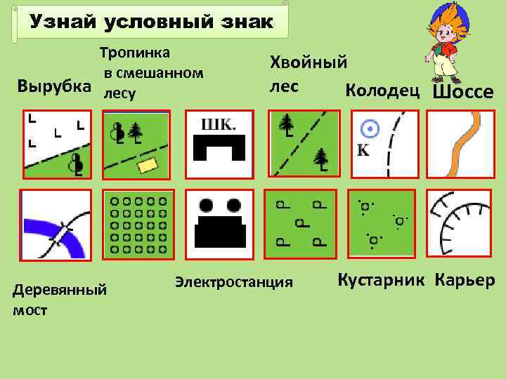 Узнай условный знак Тропинка в смешанном Вырубка лесу Деревянный мост Хвойный лес Колодец Шоссе