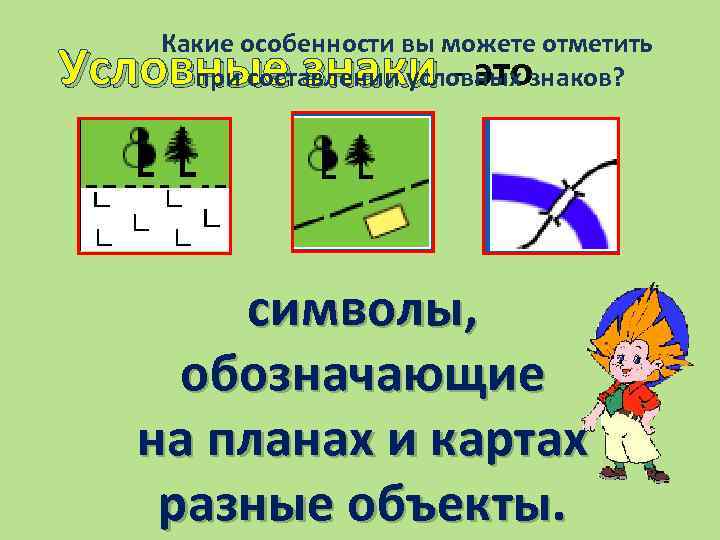 Какие особенности вы можете отметить - это при составлении условных знаков? Условные знаки символы,