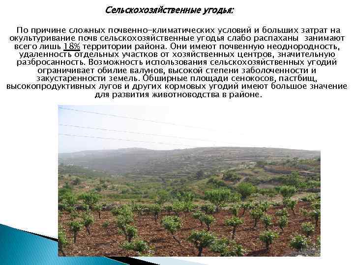 Сельскохозяйственные угодья: По причине сложных почвенно-климатических условий и больших затрат на окультуривание почв сельскохозяйственные