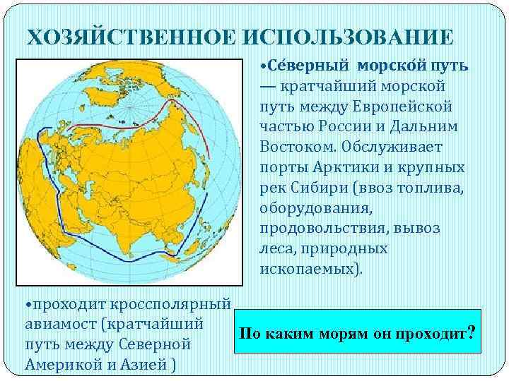 ХОЗЯЙСТВЕННОЕ ИСПОЛЬЗОВАНИЕ • Се верный морско й путь — кратчайший морской путь между Европейской