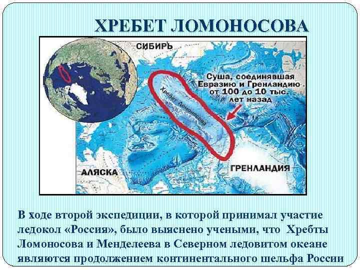 ХРЕБЕТ ЛОМОНОСОВА В ходе второй экспедиции, в которой принимал участие ледокол «Россия» , было