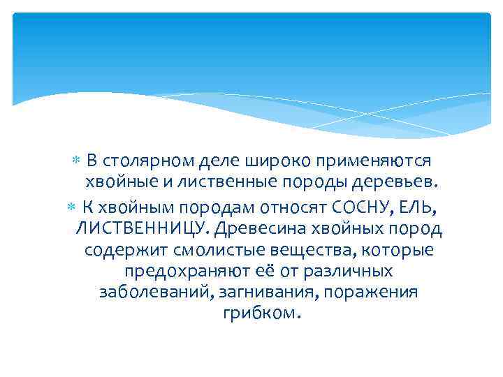  В столярном деле широко применяются хвойные и лиственные породы деревьев. К хвойным породам