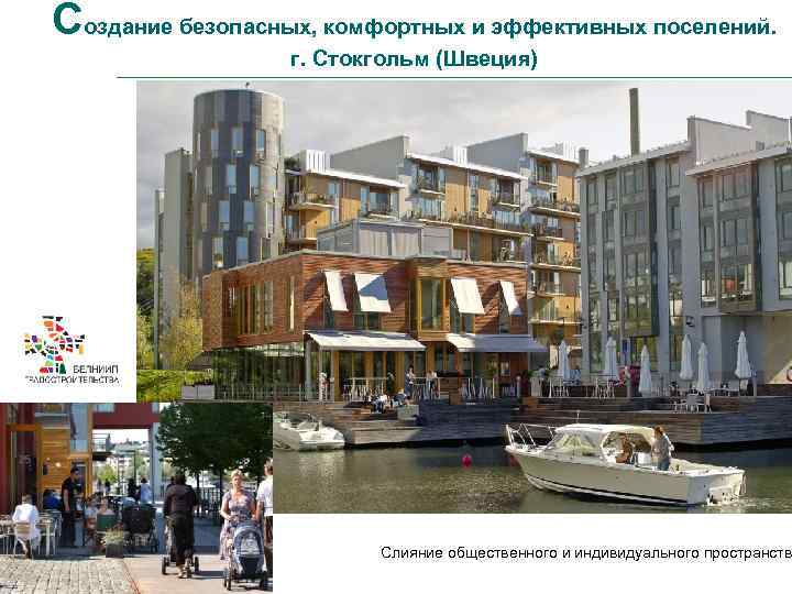 Создание безопасных, комфортных и эффективных поселений. г. Стокгольм (Швеция) Слияние общественного и индивидуального пространств