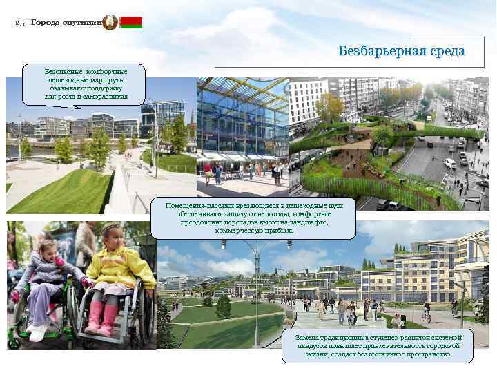 25 | Города-спутники Безбарьерная среда Безопасные, комфортные пешеходные маршруты оказывают поддержку для роста и
