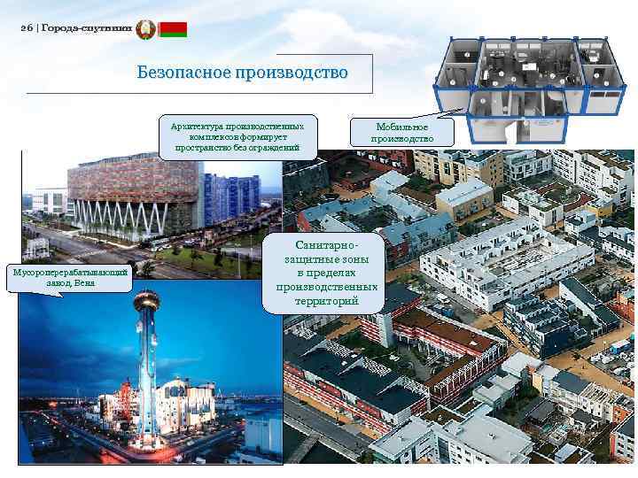 26 | Города-спутники Безопасное производство Архитектура производственных комплексов формирует пространство без ограждений Мусороперерабатывающий завод,