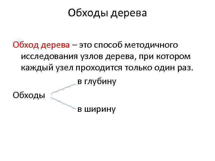 Обходы дерева Обход дерева – это способ методичного исследования узлов дерева, при котором каждый