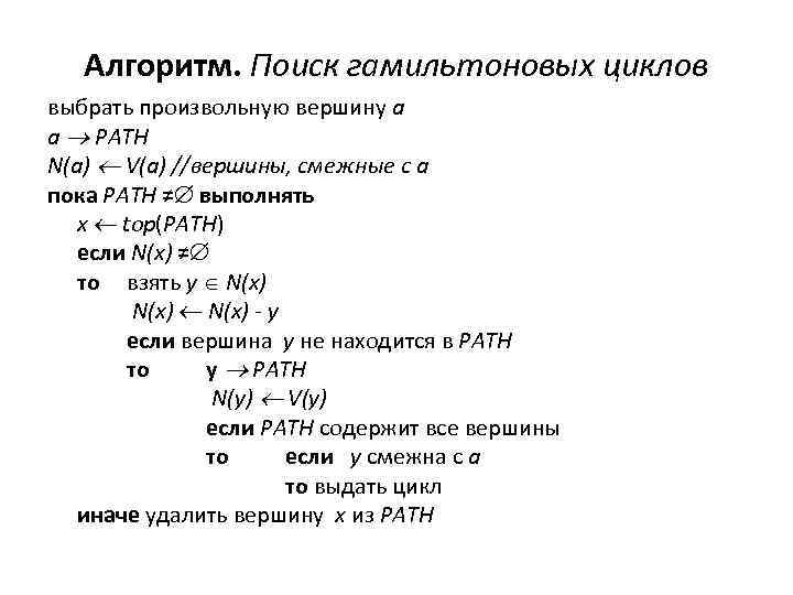 Алгоритм. Поиск гамильтоновых циклов выбрать произвольную вершину a a PATH N(a) V(a) //вершины, смежные
