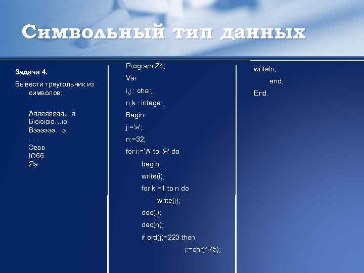 Символьный тип данных Задача 4. Вывести треугольник из символов: Program Z 4; writeln; Var