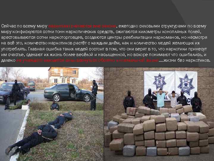 Сейчас по всему миру наркотики cчитаются вне закона, ежегодно силовыми структурами по всему миру