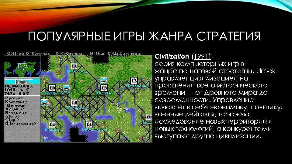 ПОПУЛЯРНЫЕ ИГРЫ ЖАНРА СТРАТЕГИЯ Civilization (1991) — серия компьютерных игр в жанре пошаговой стратегии.