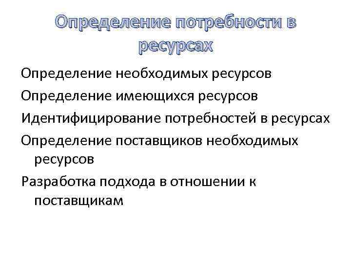 Определение потребности в ресурсах Определение необходимых ресурсов Определение имеющихся ресурсов Идентифицирование потребностей в ресурсах