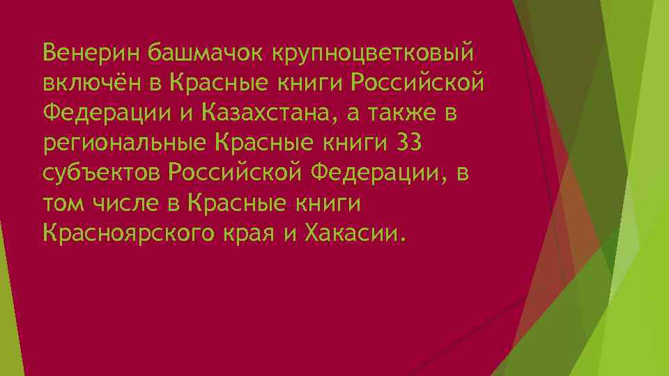 Венерин башмачок крупноцветковый включён в Красные книги Российской Федерации и Казахстана, а также в