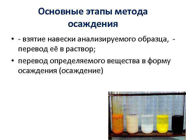 Основные этапы метода осаждения • - взятие навески анализируемого образца, - перевод её в