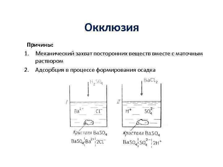 Окклюзия Причины: 1. Механический захват посторонних веществ вместе с маточным раствором 2. Адсорбция в