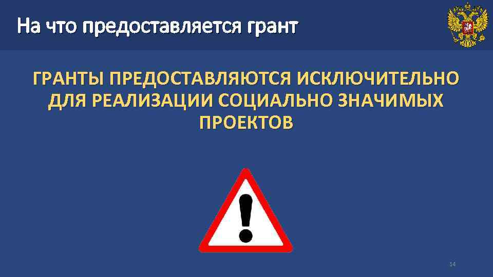 На что предоставляется грант ГРАНТЫ ПРЕДОСТАВЛЯЮТСЯ ИСКЛЮЧИТЕЛЬНО ДЛЯ РЕАЛИЗАЦИИ СОЦИАЛЬНО ЗНАЧИМЫХ ПРОЕКТОВ 14 