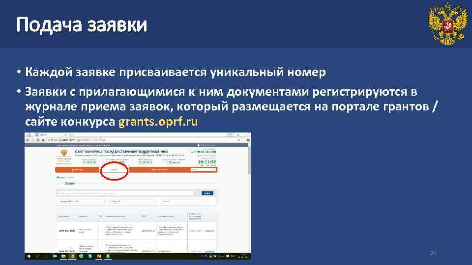 Подача заявки • Каждой заявке присваивается уникальный номер • Заявки с прилагающимися к ним