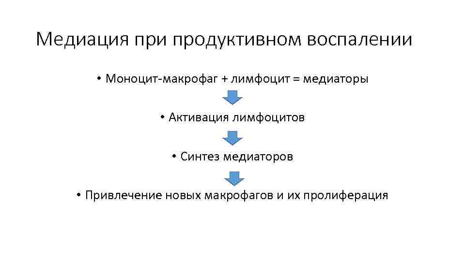 Медиация при продуктивном воспалении • Моноцит-макрофаг + лимфоцит = медиаторы • Активация лимфоцитов •