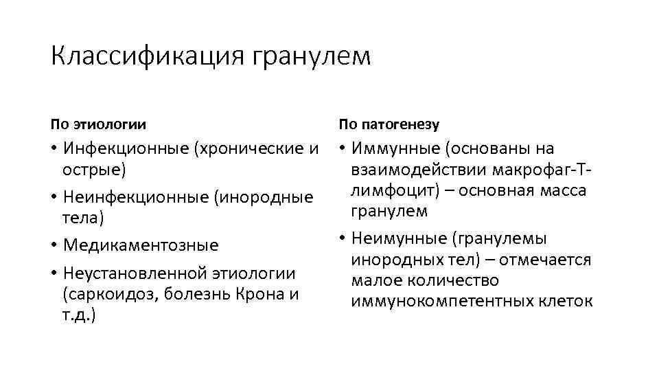 Классификация гранулем По этиологии По патогенезу • Инфекционные (хронические и • Иммунные (основаны на