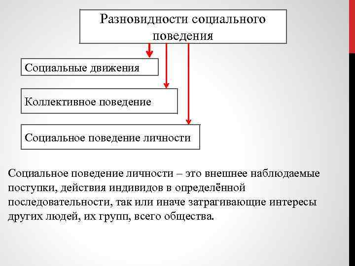 Разновидности социального поведения Социальные движения Коллективное поведение Социальное поведение личности – это внешнее наблюдаемые