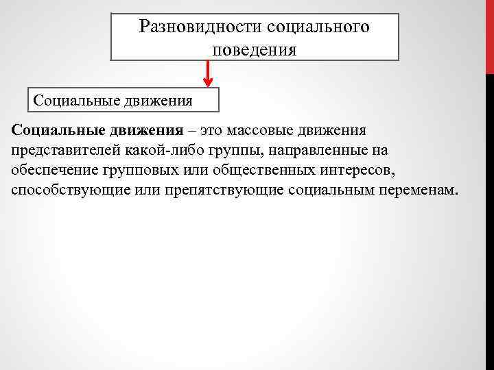 Разновидности социального поведения Социальные движения – это массовые движения представителей какой-либо группы, направленные на