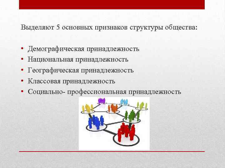 Выделяют 5 основных признаков структуры общества: • • • Демографическая принадлежность Национальная принадлежность Географическая