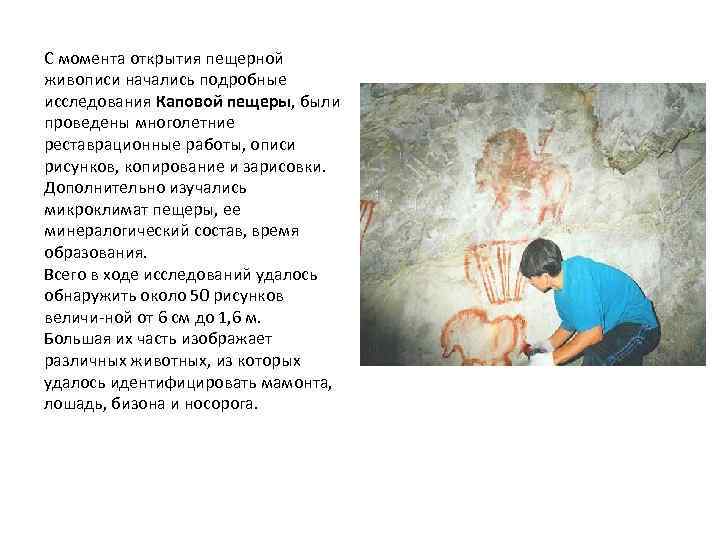 С момента открытия пещерной живописи начались подробные исследования Каповой пещеры, были проведены многолетние реставрационные