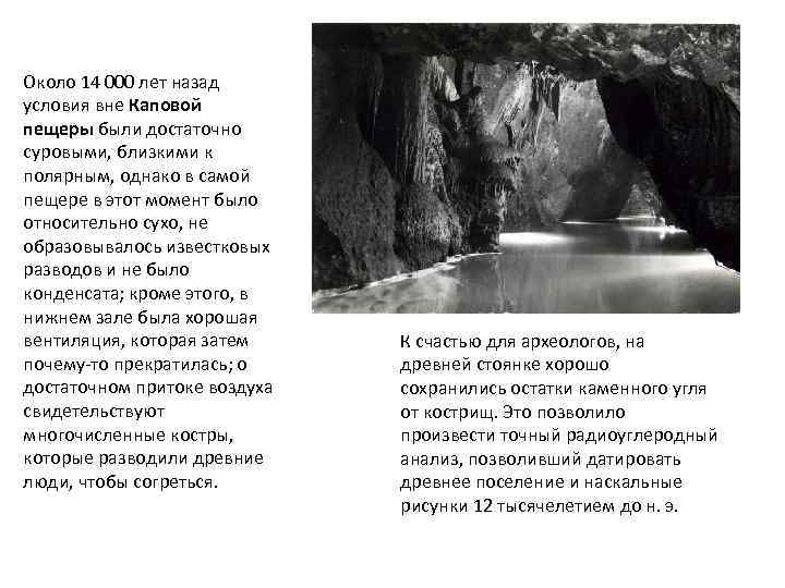 Около 14 000 лет назад условия вне Каповой пещеры были достаточно суровыми, близкими к
