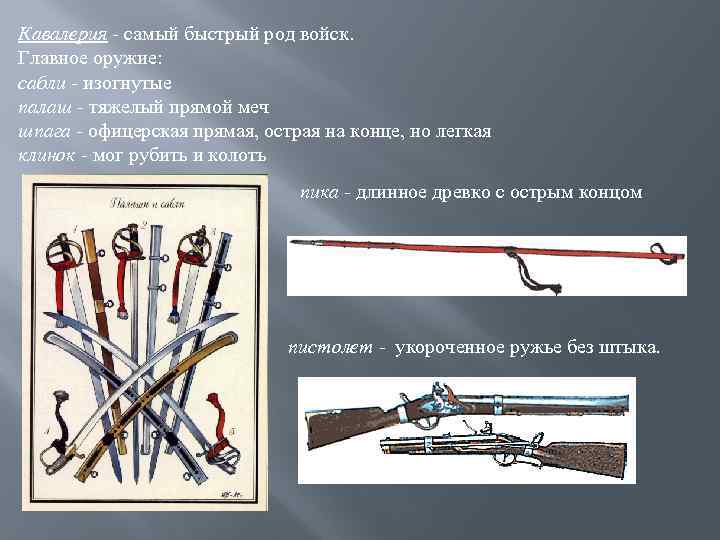 Кавалерия - самый быстрый род войск. Главное оружие: сабли - изогнутые палаш - тяжелый